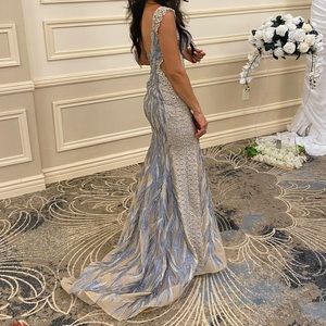 Long blue, nude and silver dress